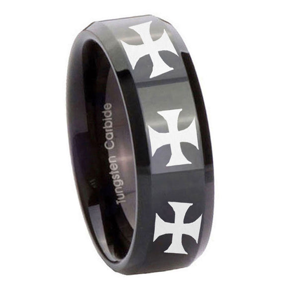 8mm-Multiple-Maltese-Cross-Beveled-Edges-Black-Tungsten-Wedding-Engraving-Ring