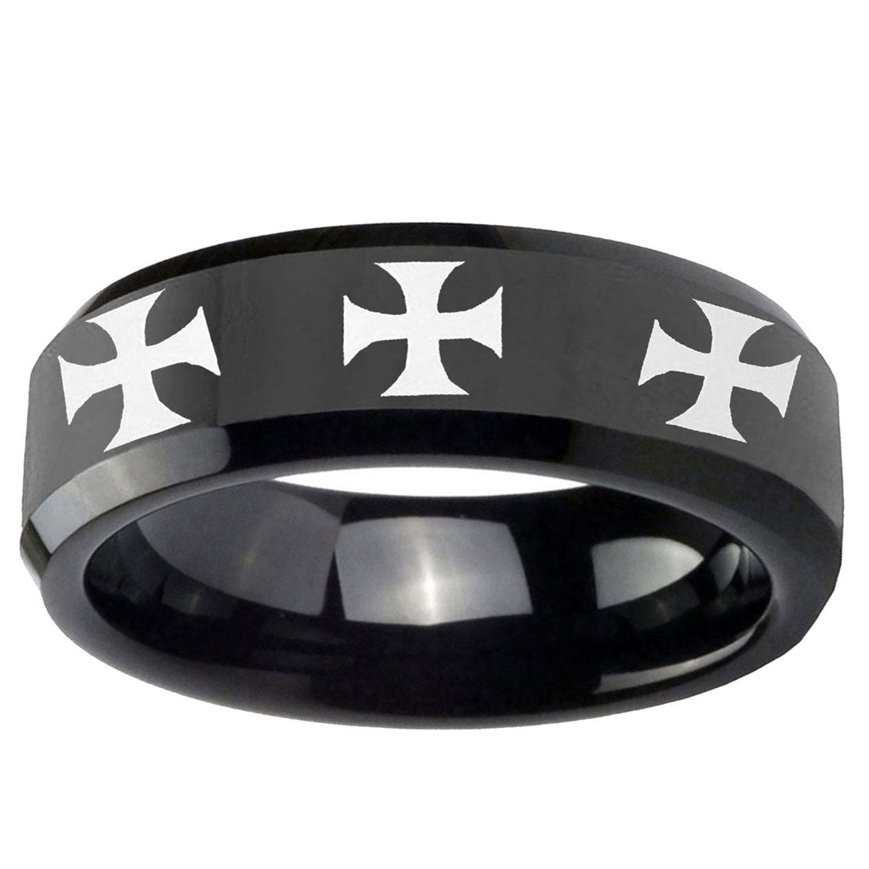 10mm Multiple Maltese Cross Beveled Edge Black Tungsten Ring