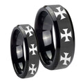 Multiple Maltese Cross Beveled Edges Black Tungsten Bridal Set Rings