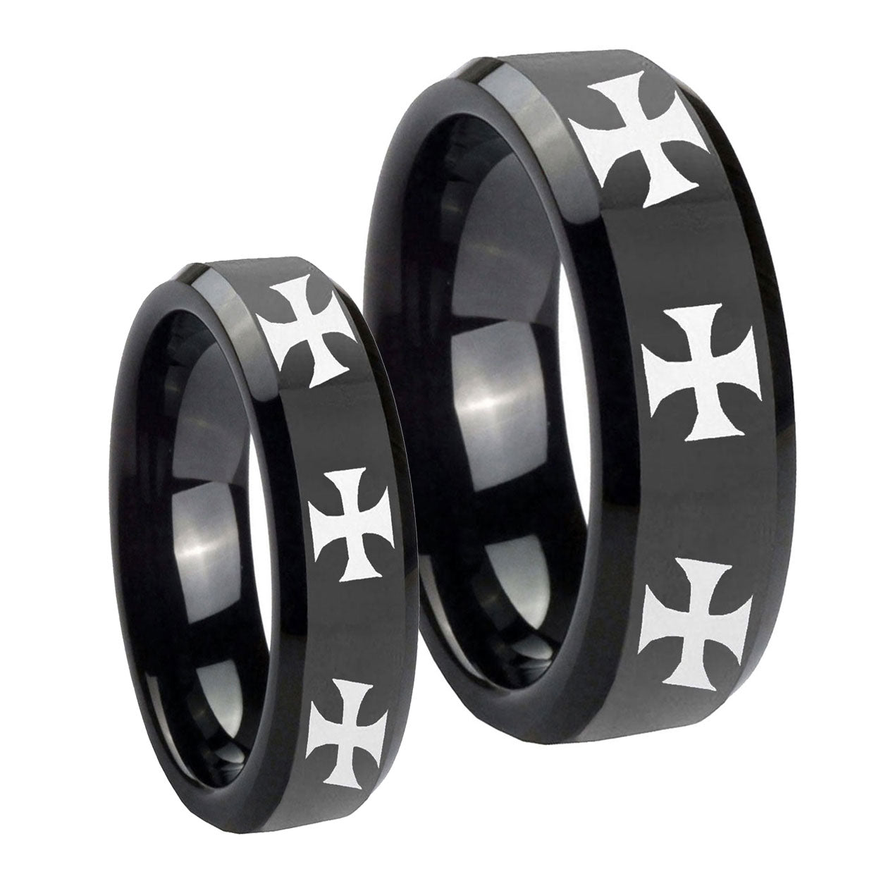 Multiple Maltese Cross Beveled Edges Black Tungsten Bridal Set Rings