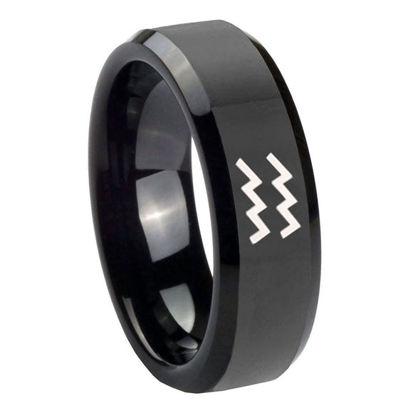 8mm-Aquarius-Horoscope-Beveled-Edges-Black-Tungsten-Carbide-Custom-Ring-for-Men