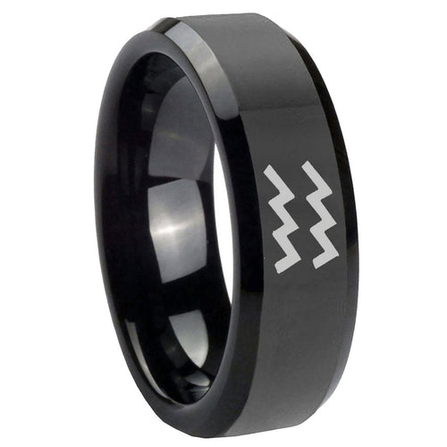 8mm Aquarius Horoscope Beveled Black Tungsten Ring for Men