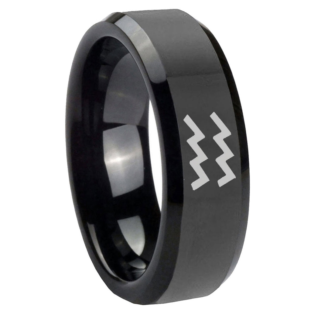 10mm Aquarius Horoscope Beveled Edges Black Tungsten Carbide Mens Promise Ring