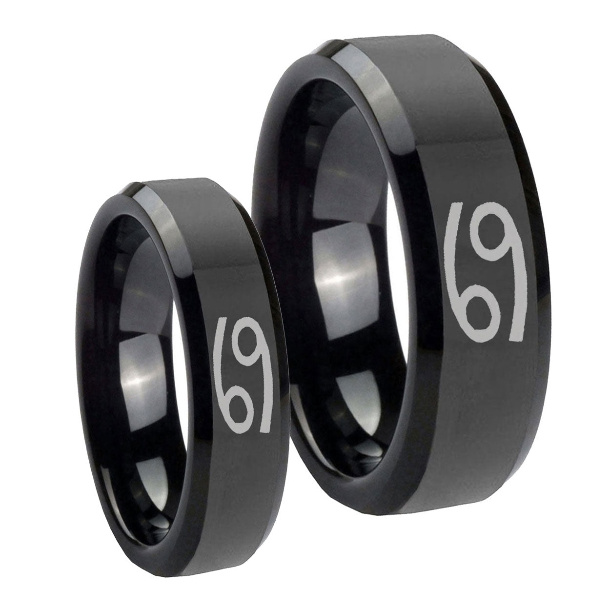 Cancer Horoscope Beveled Edges Black Tungsten Promise Ring Set