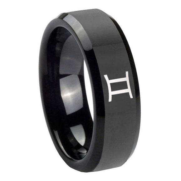 8mm-Gemini-Zodiac-Beveled-Edges-Black-Tungsten-Carbide-Men's-Band-Ring