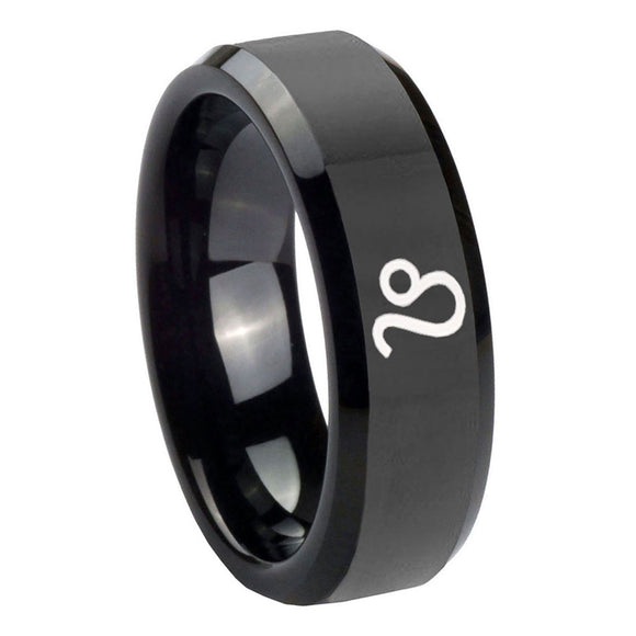 10mm-Leo-Zodiac-Beveled-Edges-Black-Tungsten-Carbide-Mens-Ring-Personalized