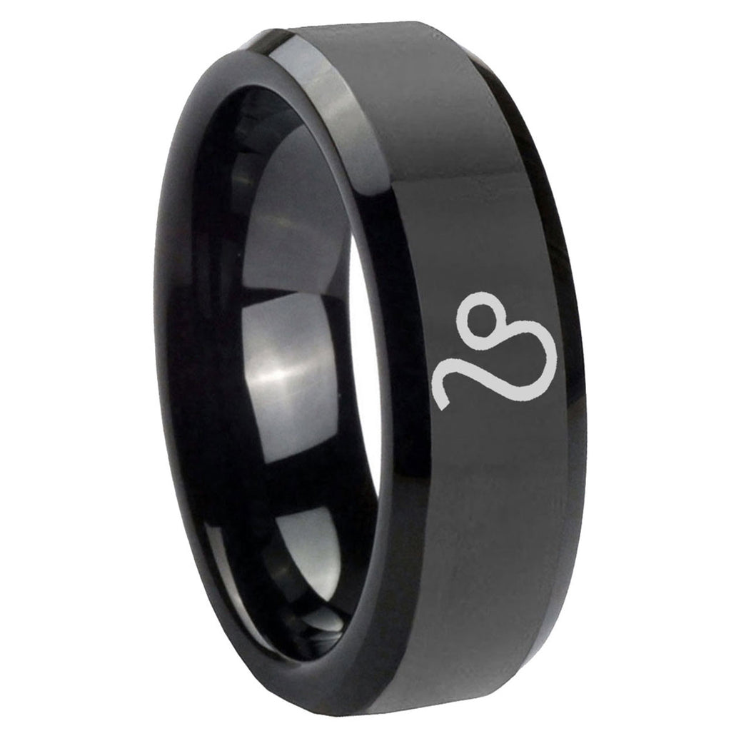 10mm Leo Zodiac Beveled Edges Black Tungsten Carbide Mens Ring Personalized