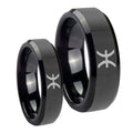 Pisces Zodiac Beveled Edges Black Tungsten Engagement Ring Set