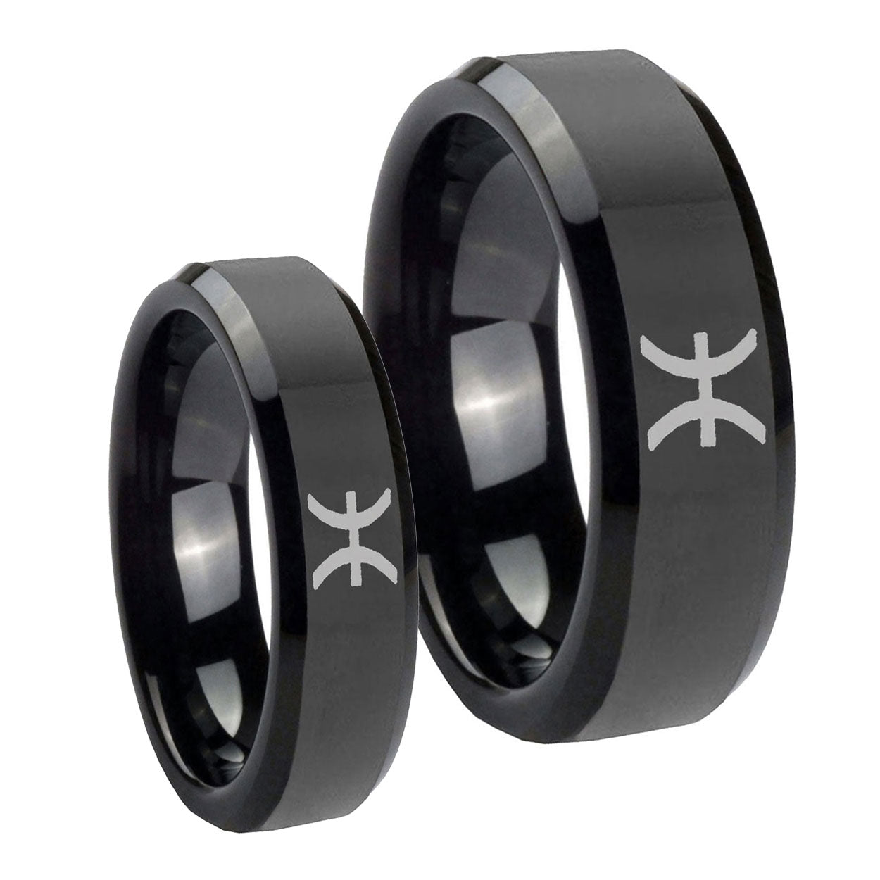 Pisces Zodiac Beveled Edges Black Tungsten Engagement Ring Set