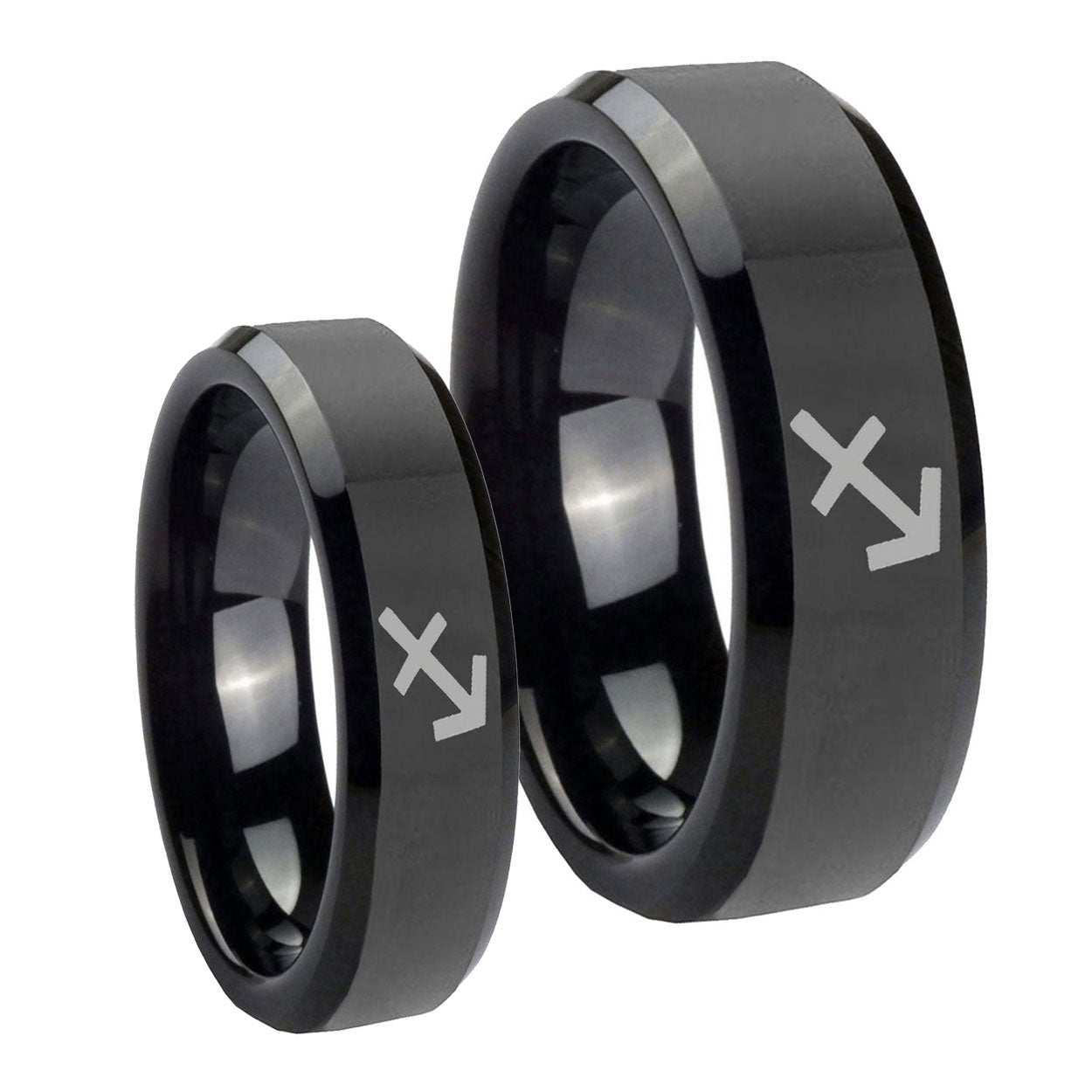 Sagittarius Zodiac Beveled Edges Black Tungsten Wedding Set Rings