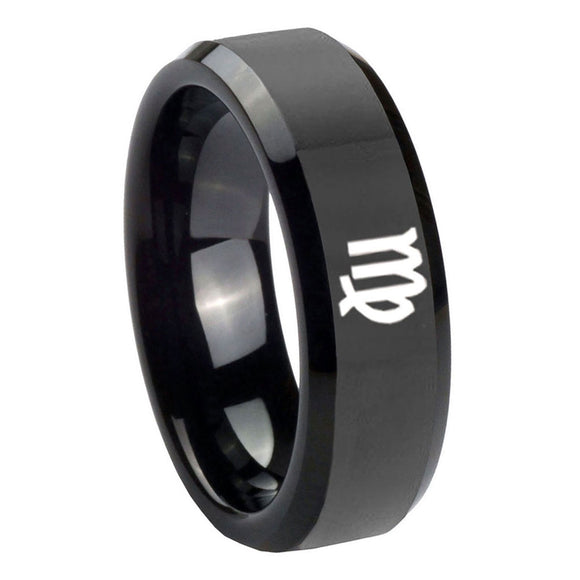 10mm-Virgo-Zodiac-Beveled-Edges-Black-Tungsten-Carbide-Promise-Ring