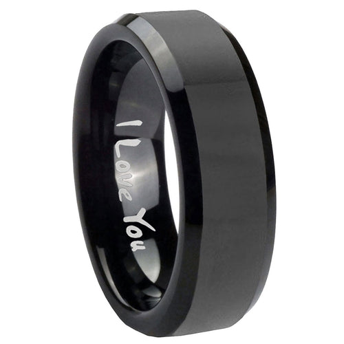 10mm I Love You Beveled Edges Black Tungsten Carbide Mens Ring