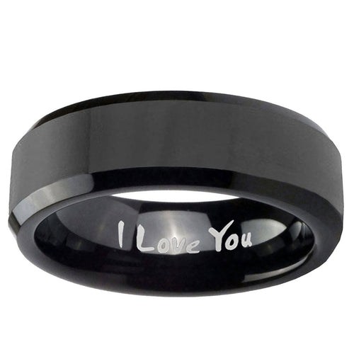10mm I Love You Beveled Edge Black Tungsten Carbide Mens Ring