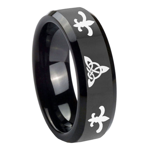 10mm-Celtic-Triangle-Fleur-De-Lis-Beveled-Edges-Black-Tungsten-Engraved-Ring