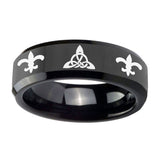 10mm-Celtic-Triangle-Fleur-De-Lis-Beveled-Edges-Black-Tungsten-Engraved-Ring