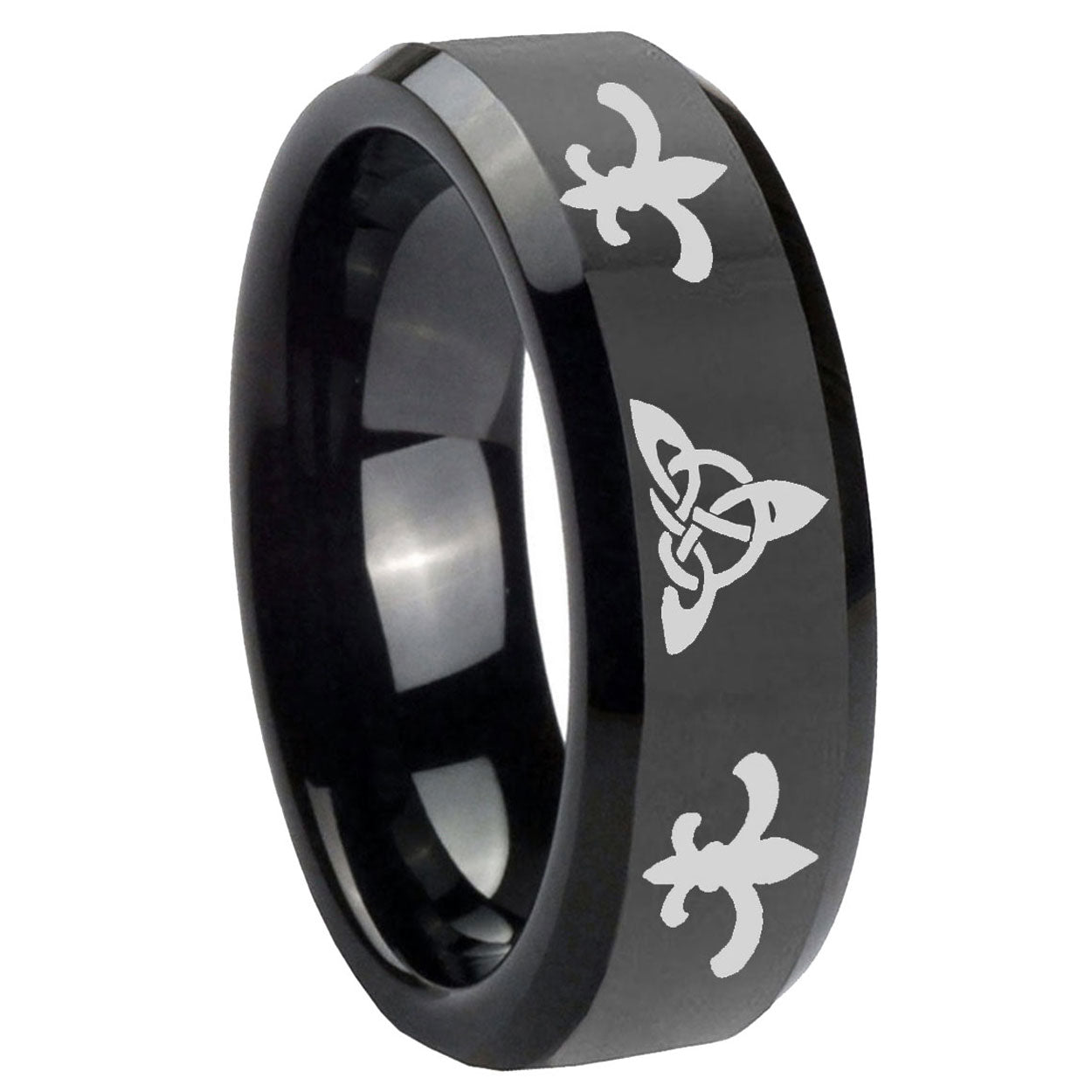8mm Celtic Triangle Fleur-De-Lis Bevels Black Tungsten Ring