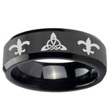 10mm Celtic Triangle Fleur-De-Lis Beveled Edge Black Tungsten Engraved Ring