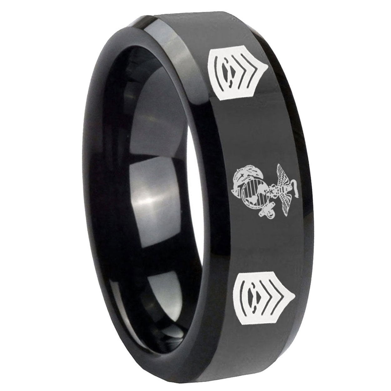10mm Marine Army Sergeant Beveled Edges Black Tungsten Carbide Mens Ring Engraved