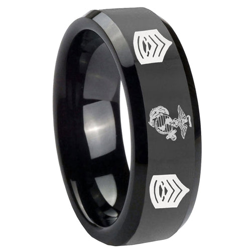 10mm Marine Army Sergeant Beveled Edges Black Tungsten Carbide Mens Ring Engraved