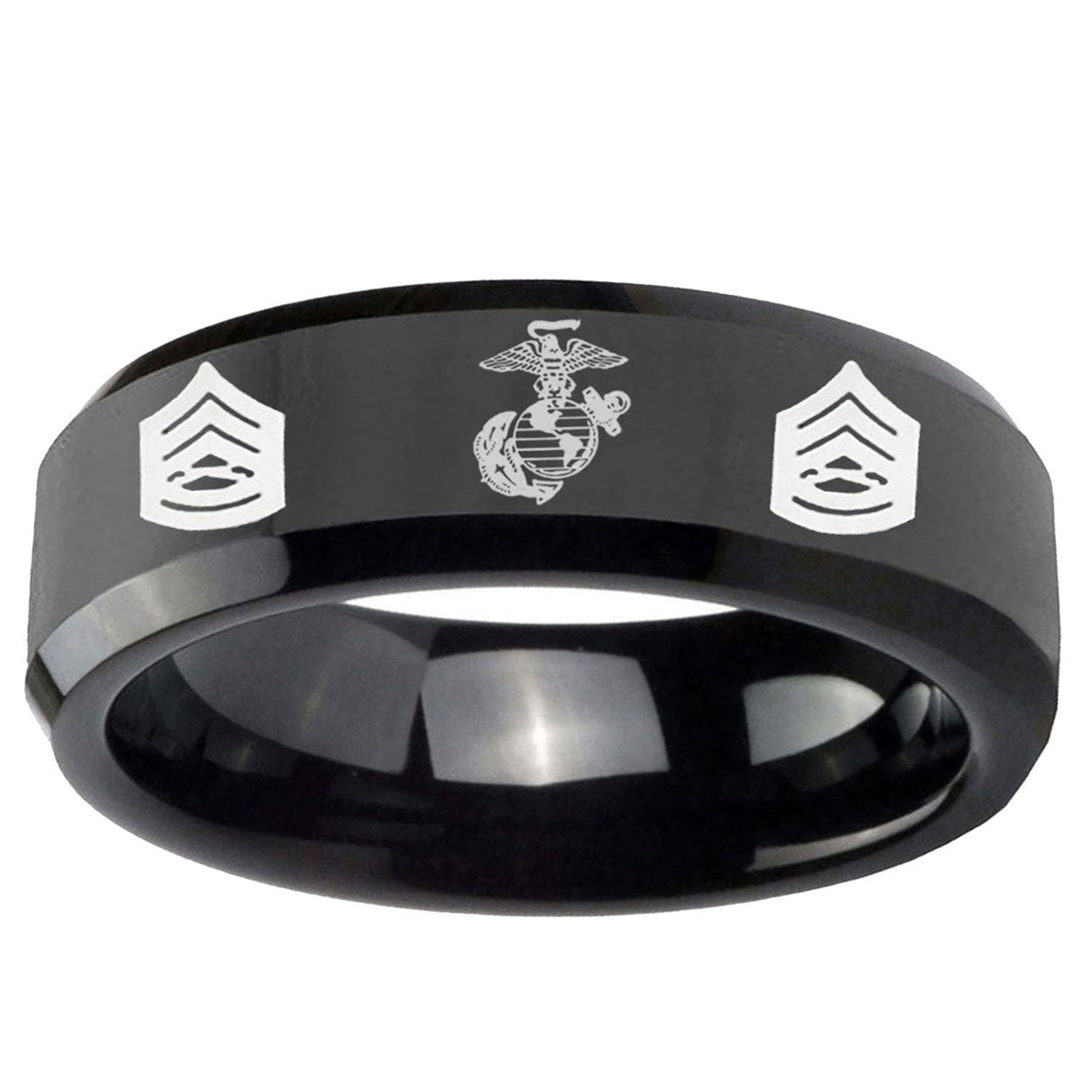 10mm Marine Army Sergeant Beveled Edge Black Tungsten Ring
