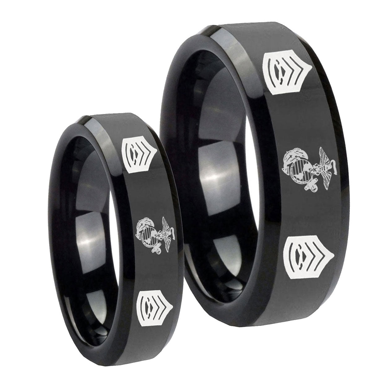 Marine Army Sergeant Beveled Edges Black Tungsten Mens Set Rings