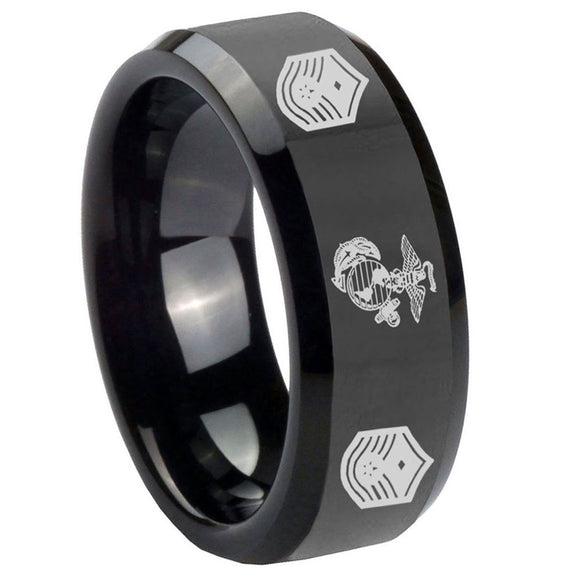 10mm-Marine-Chief-Master-Sergeant--Beveled-Edges-Black-Tungsten-Custom-Ring-for-Men