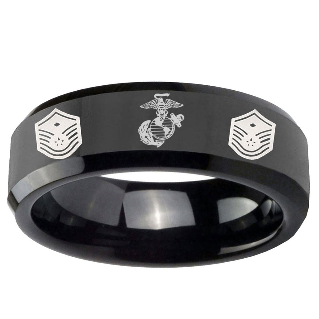 10mm Marine Chief Master Sergeant Beveled Edge Black Tungsten Custom Ring for Men