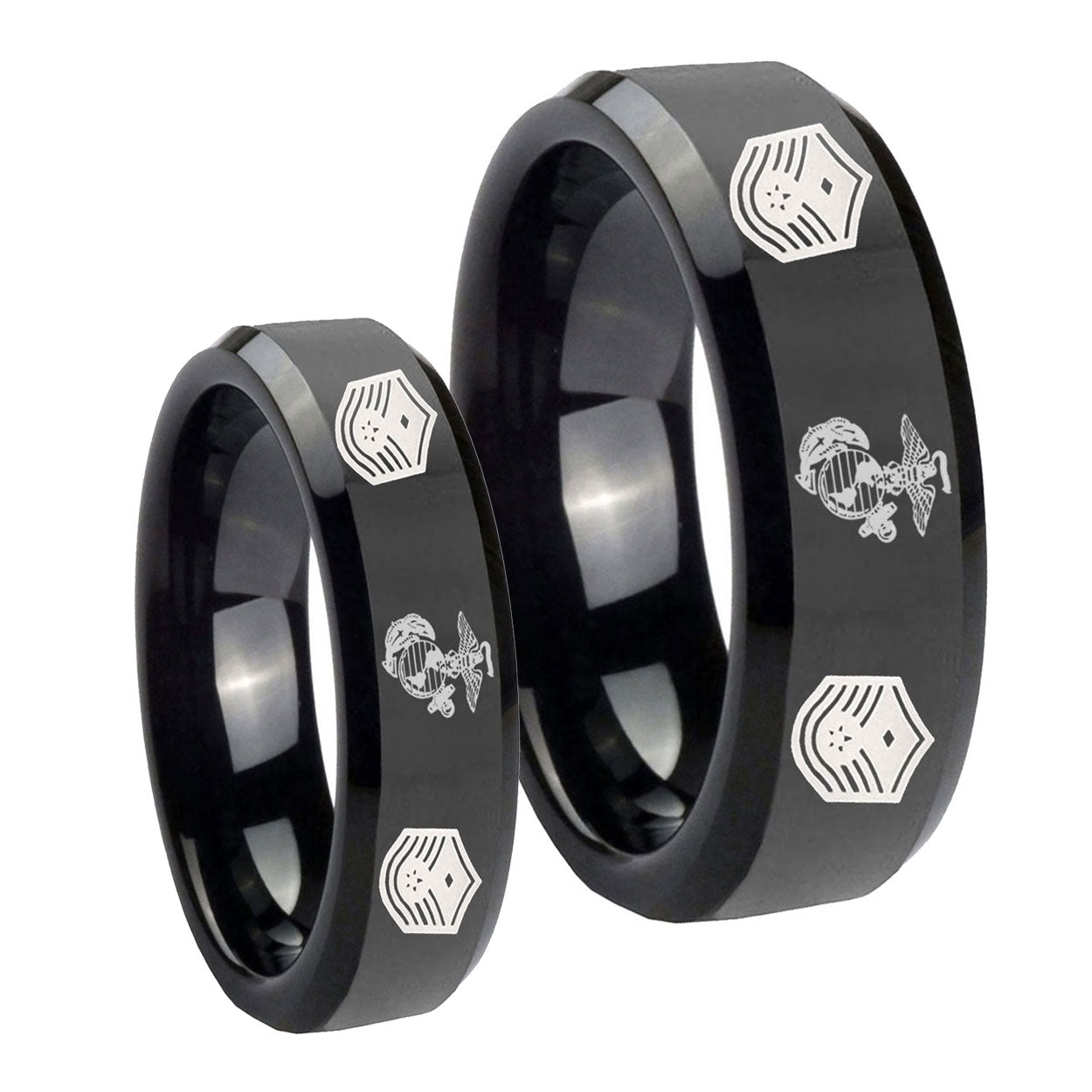 Marine Chief Master Sergeant Beveled Edges Black Tungsten Couple Wedding Bands