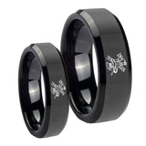 His and Hers Fireman Beveled Edges Black Tungsten Personalized Ring Set