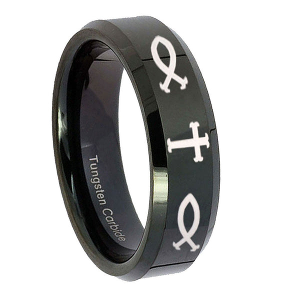10mm-Fish-&-Cross-Beveled-Edges-Black-Tungsten-Carbide-Custom-Ring-for-Men