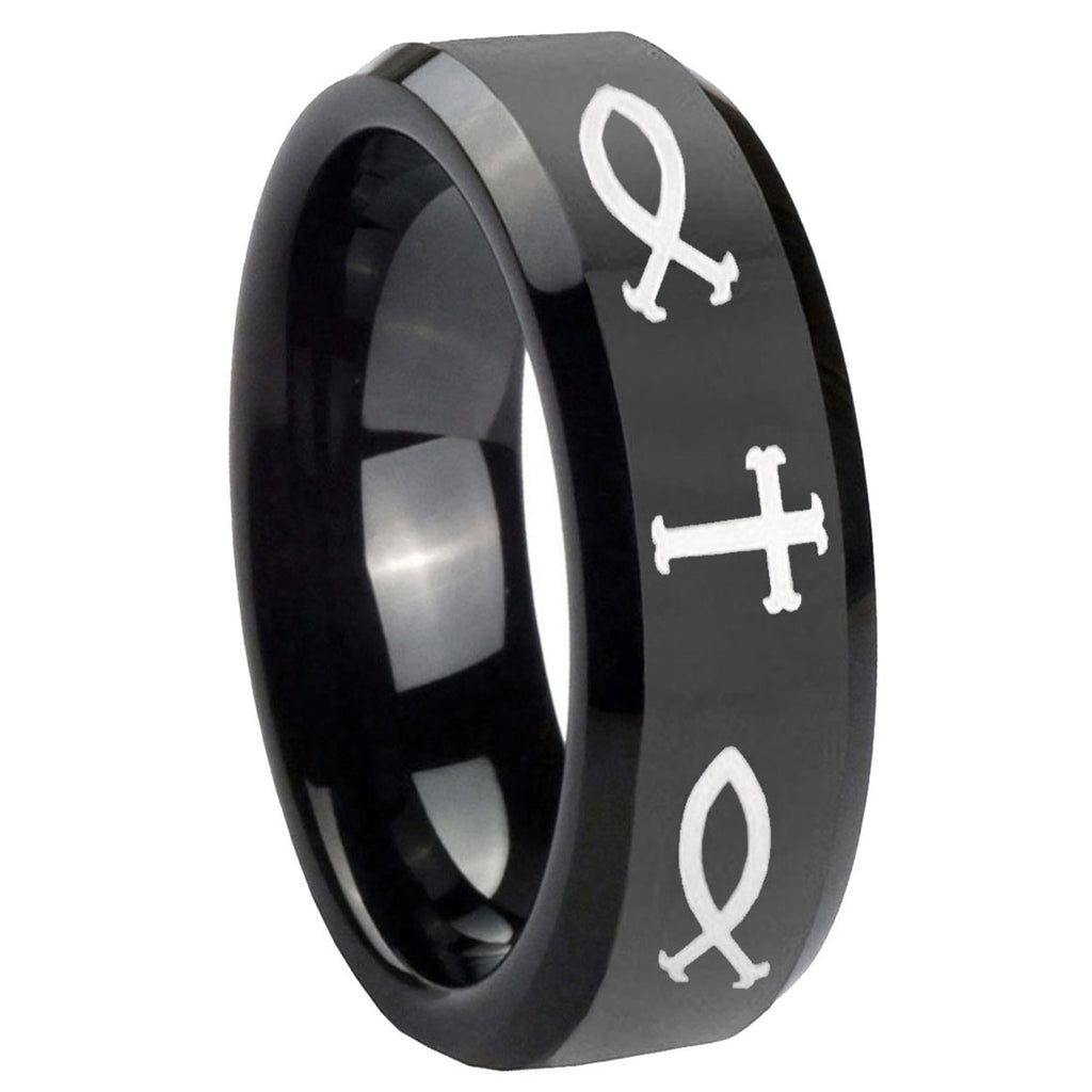 10mm Fish & Cross Beveled Edges Black Tungsten Carbide Custom Ring for Men