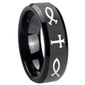 10mm Fish & Cross Beveled Edges Black Tungsten Carbide Custom Ring for Men