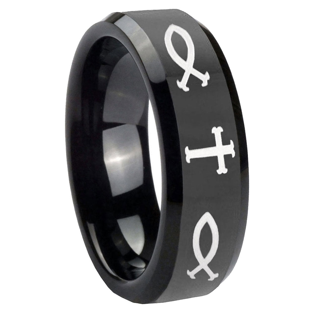 10mm Fish & Cross Beveled Edges Black Tungsten Carbide Custom Ring for Men