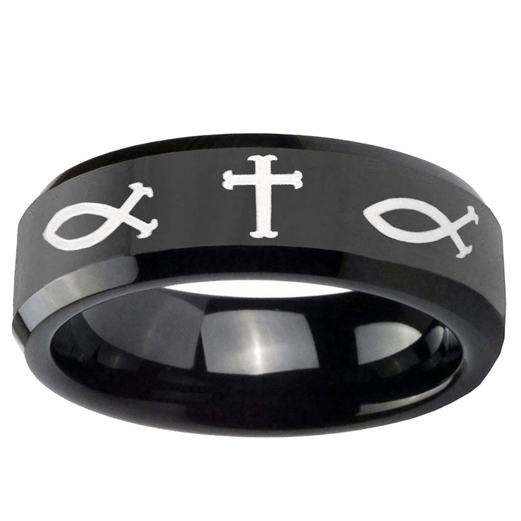 5mm Fish & Cross Beveled Edges Black Tungsten Custom Ring
