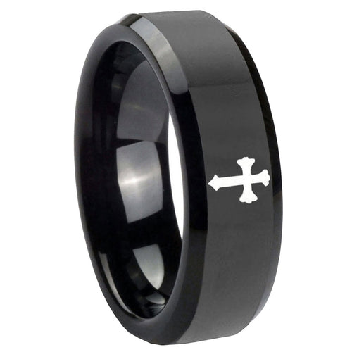 8mm Flat Christian Cross Beveled Black Tungsten Ring