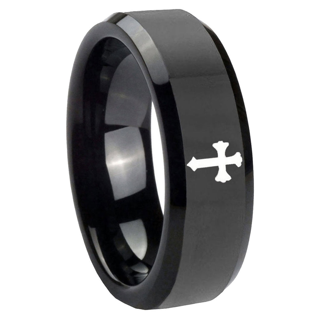 10mm Flat Christian Cross Beveled Edges Black Tungsten Carbide Engagement Ring