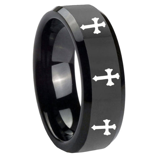 10mm Multiple Christian Cross Beveled Black Tungsten Men's Engagement Band