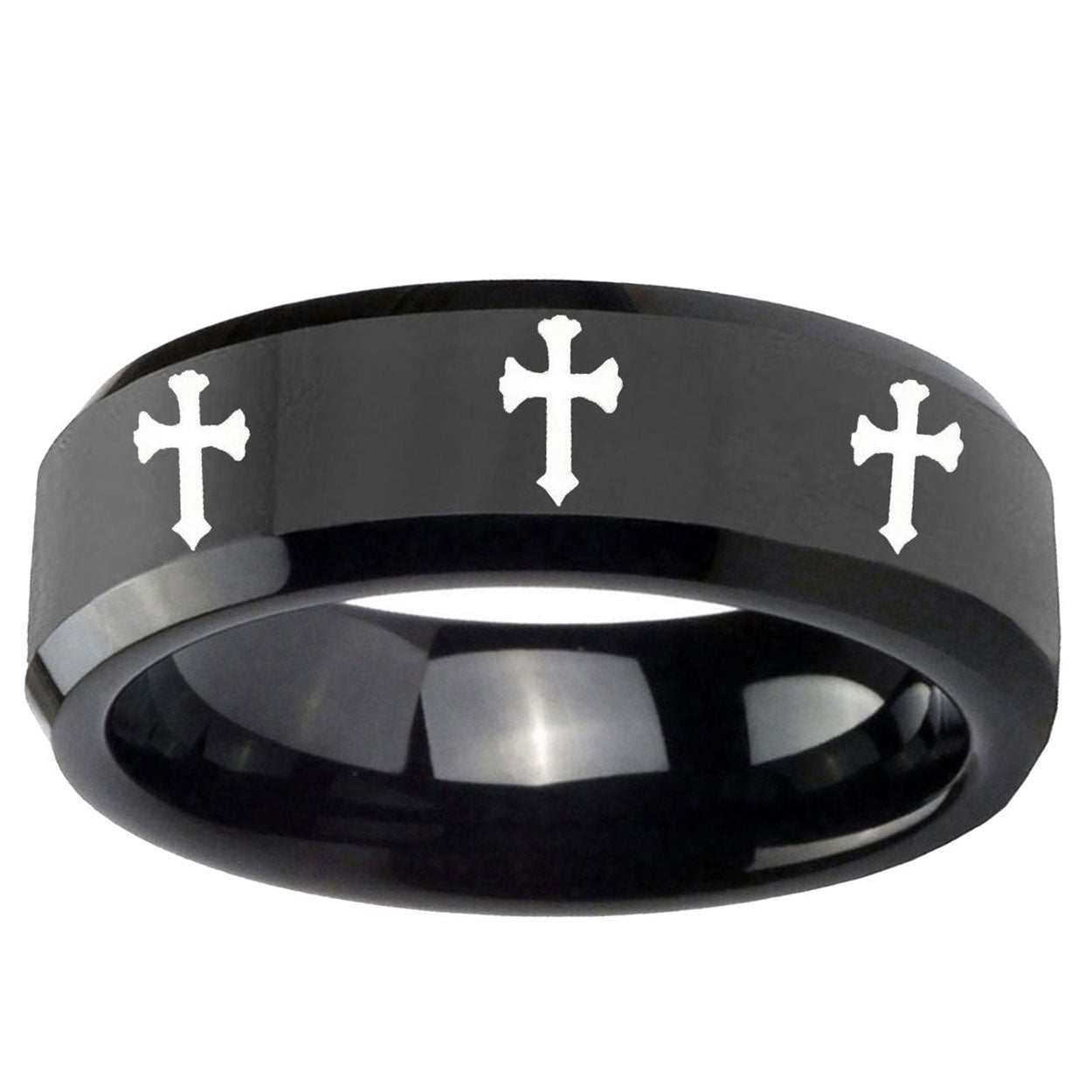 10mm Multiple Christian Cross Beveled Black Tungsten Men's Engagement Band
