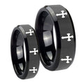 Multiple Christian Cross Beveled Black Tungsten Couple Wedding Bands
