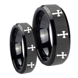 His Hers Multiple Christian Cross Beveled Black Tungsten Custom Ring for Men Set
