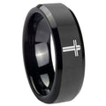8mm Flat Christian Cross Beveled Black Tungsten Ring