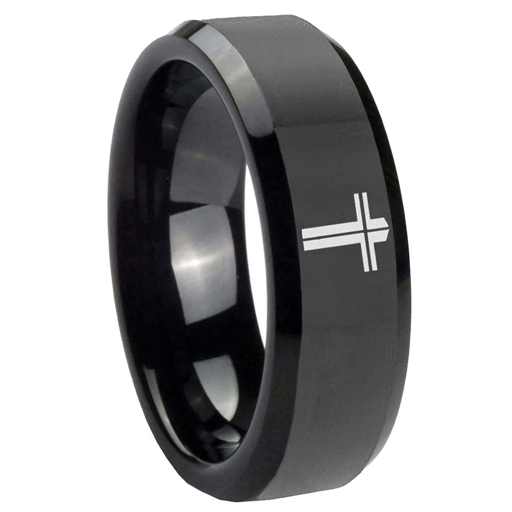 10mm Flat Christian Cross Beveled Edges Black Tungsten Carbide Engagement Ring