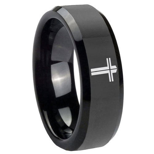 10mm Flat Christian Cross Beveled Edges Black Tungsten Carbide Engagement Ring