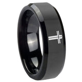10mm Flat Christian Cross Beveled Edges Black Tungsten Carbide Engagement Ring