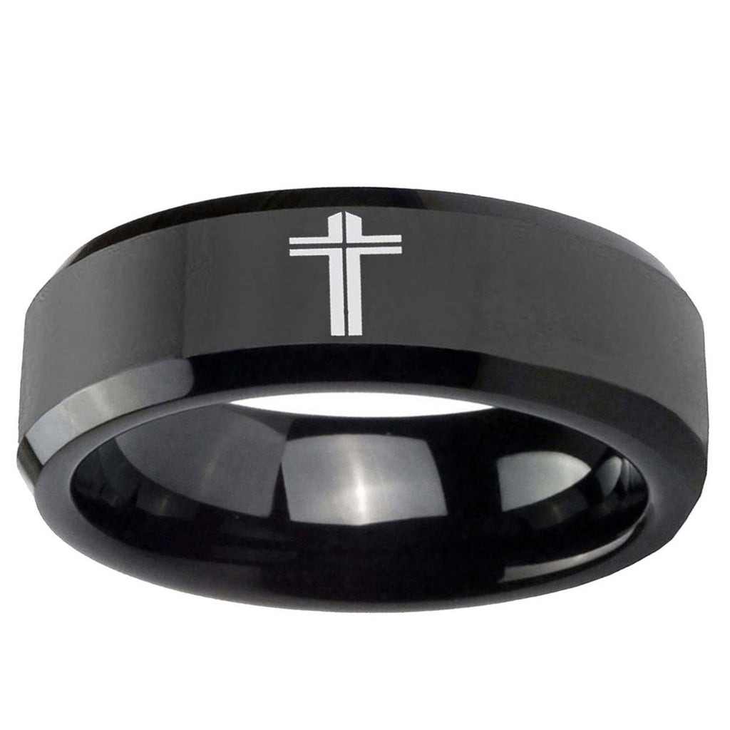 5mm Flat Christian Cross Beveled Black Tungsten Ring