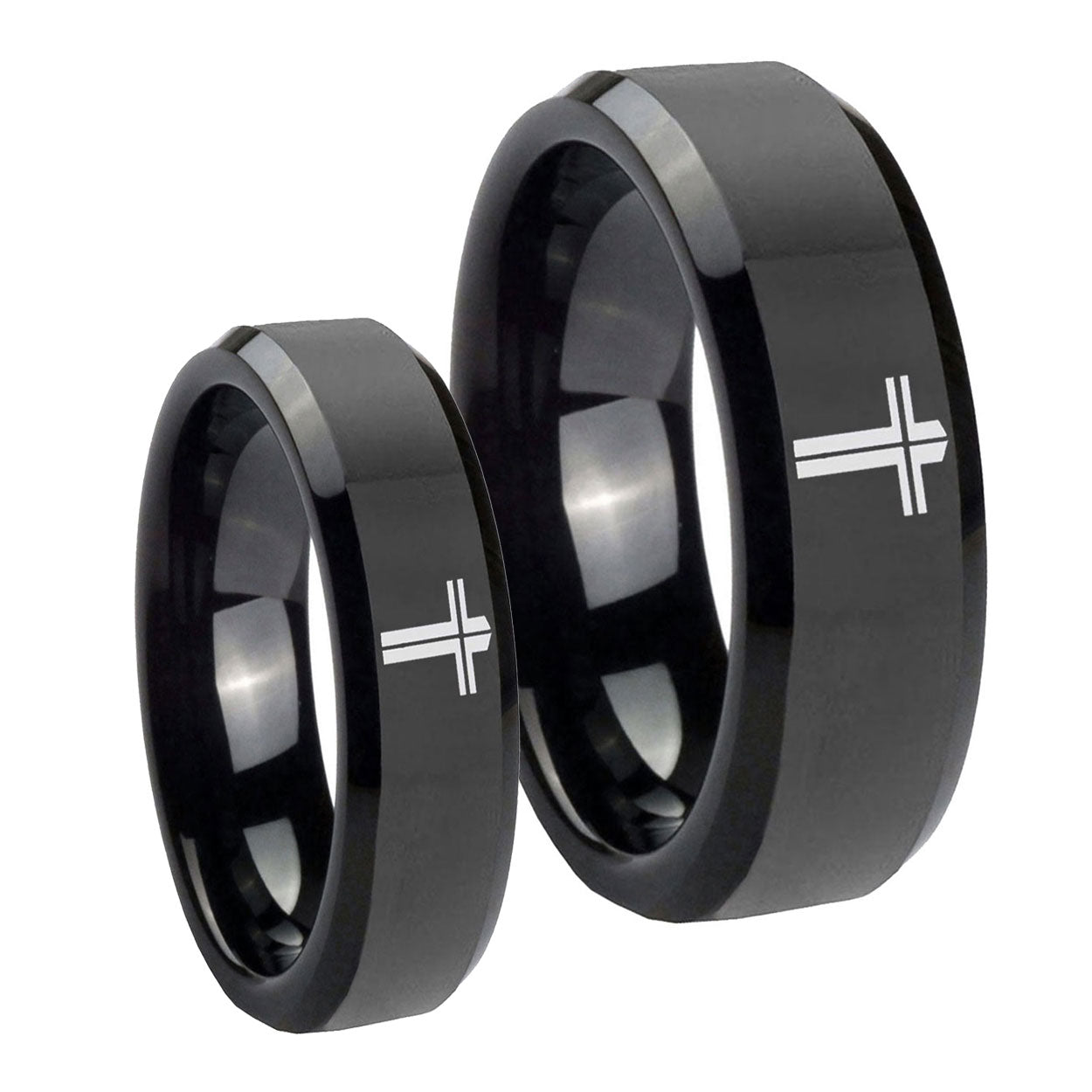 Flat Christian Cross Beveled Edges Black Tungsten Bridal Ring Sets