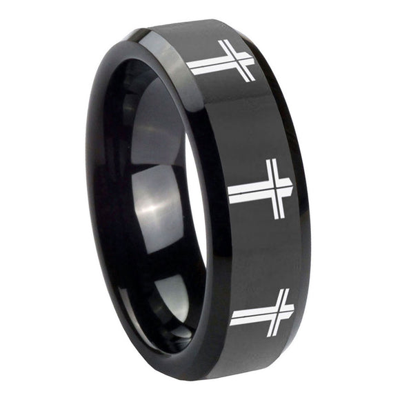 10mm-Multiple-Christian-Cross-Beveled-Black-Tungsten-Mens-Anniversary-Ring