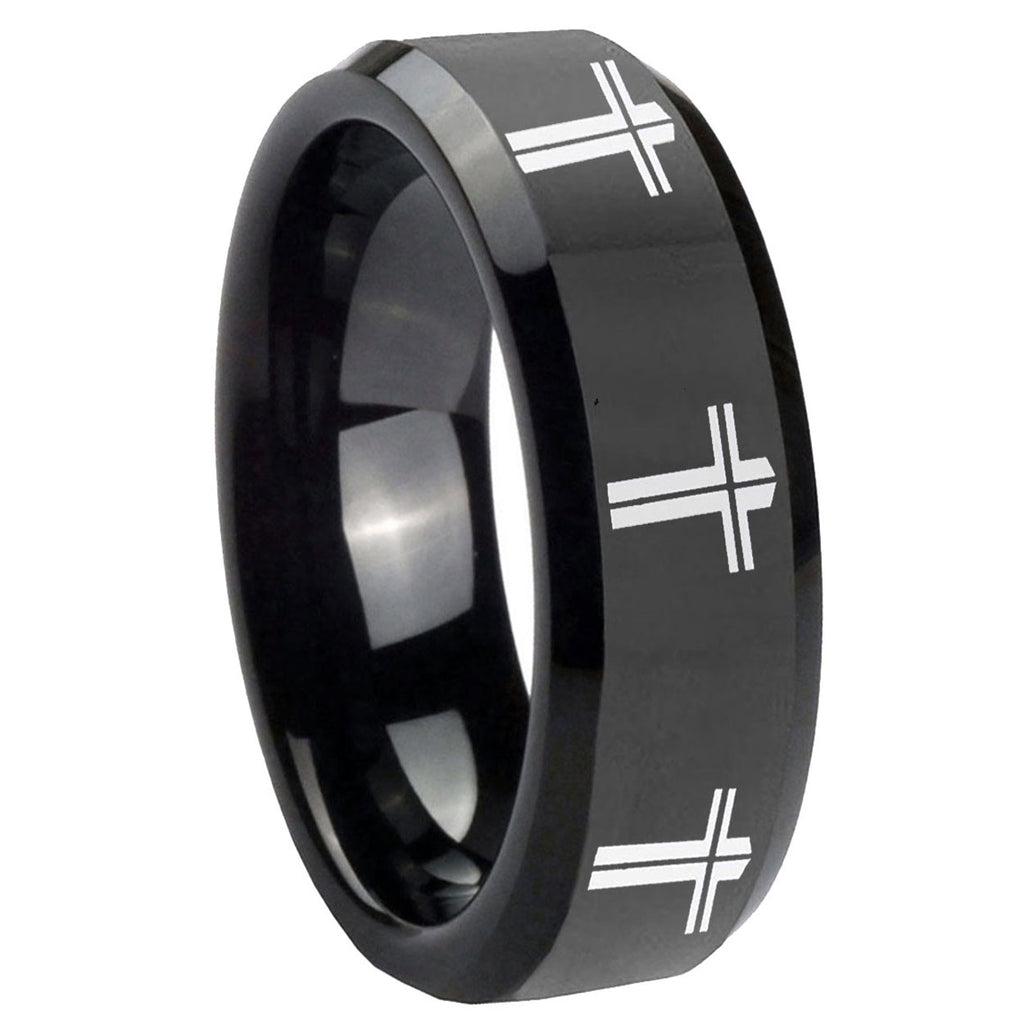 10mm Multiple Christian Cross Beveled Black Tungsten Mens Anniversary Ring