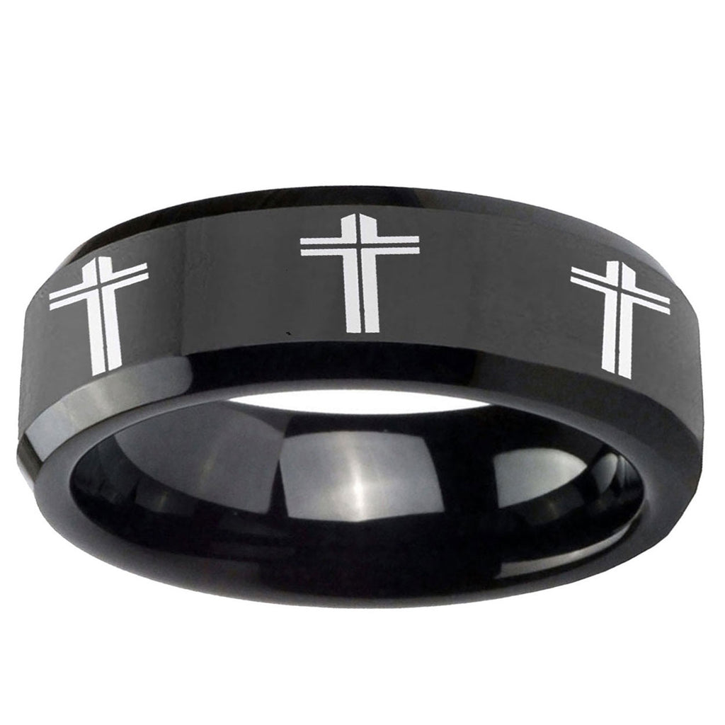 5mm Multiple Christian Cross Bevels Black Tungsten Ring Mens