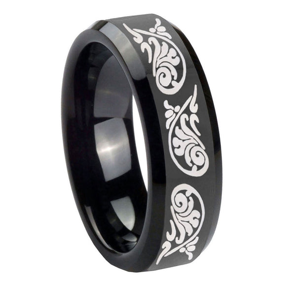 8mm-Etched-Tribal-Pattern-Beveled-Edges-Black-Tungsten-Custom-Ring-for-Men